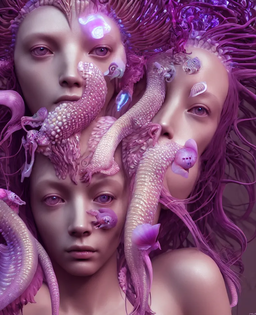 Image similar to goddess princess beautiful face close-up portrait ram skull zbrush sculpt. jellyfish phoenix head, nautilus, orchid, skull, betta fish, bioluminiscent creatures, intricate artwork by Tooth Wu and wlop and beeple. octane render, trending on artstation, greg rutkowski very coherent symmetrical artwork. cinematic, hyper realism, high detail, octane render, 8k