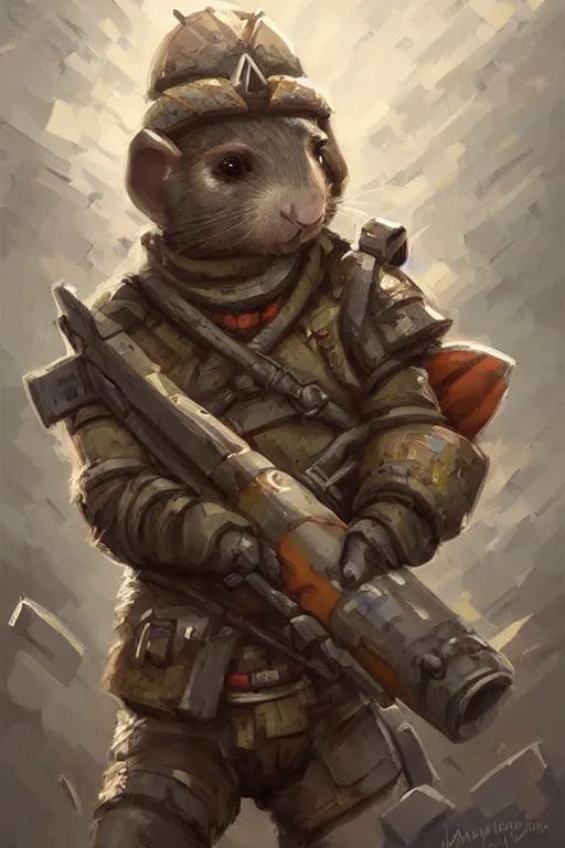 Image similar to cute little anthropomorphic Guinea Pig Soldier wielding a rocket launcher, tiny, small, short, pixelated army camouflage, cute and adorable, pretty, beautiful, DnD character art portrait, matte fantasy painting, DeviantArt Artstation, by Jason Felix by Steve Argyle by Tyler Jacobson by Peter Mohrbacher, cinematic lighting