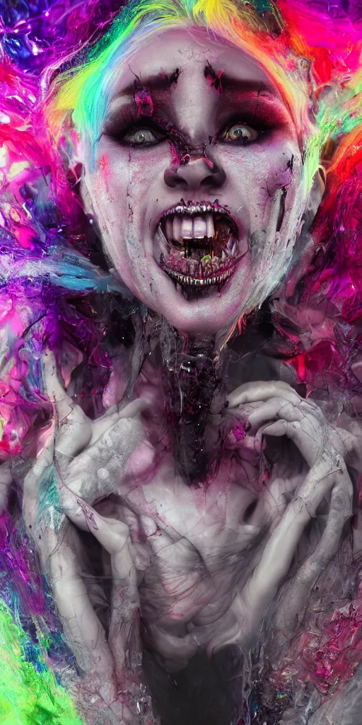 Prompt: impossibly beautiful vampire with large vampire fangs, full body, intricate complexity, surreal horror, psychedelic glitch art, rainbow drip paint, trending on art station, photoreal, 8 k, octane render