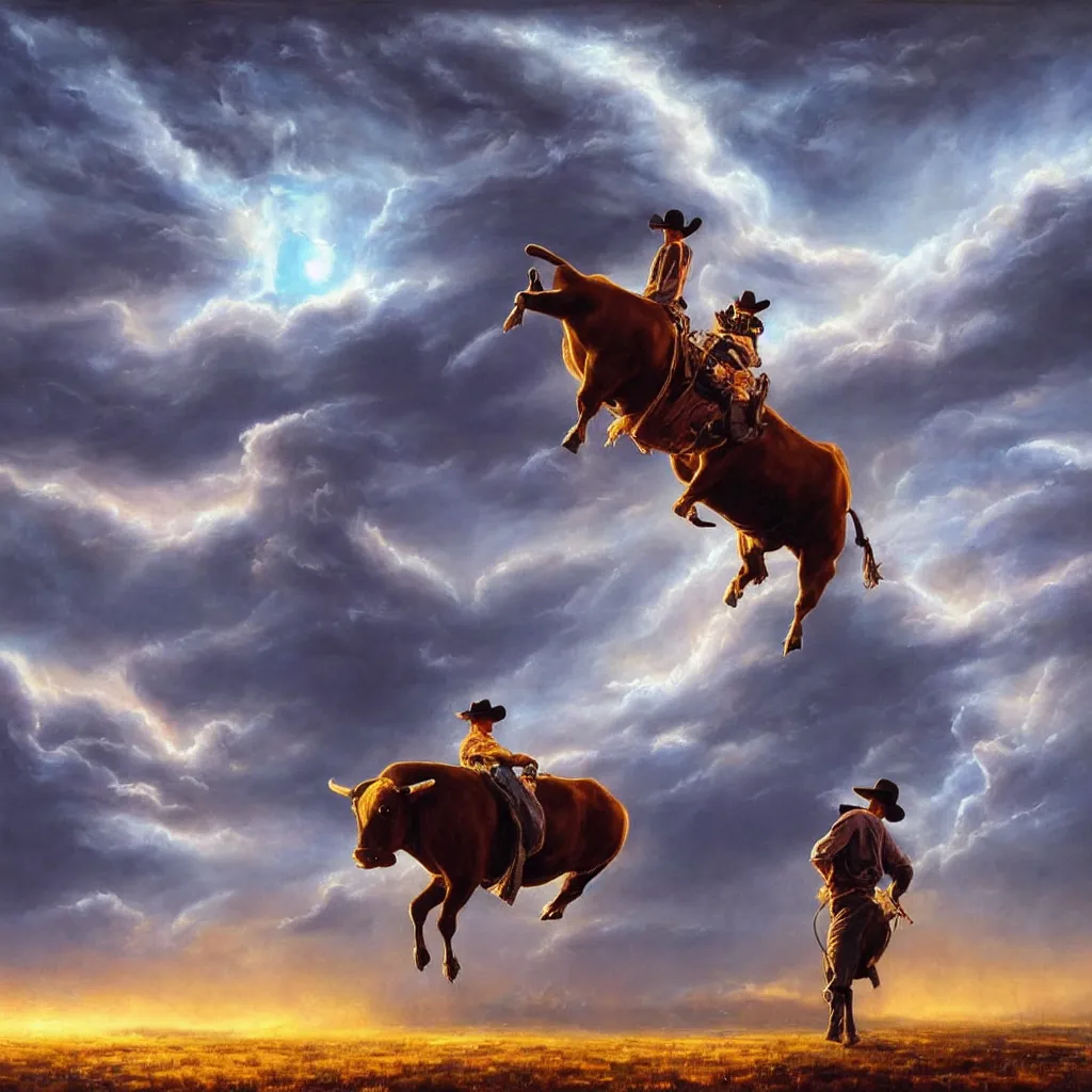 Image similar to Mark Magiori oil painting of a cowboy watching a bull get abducted by aliens, supercell cloud, extremely beautiful, amazing painting, HD, 8K, very detailed, photorealistic, hyperrealism