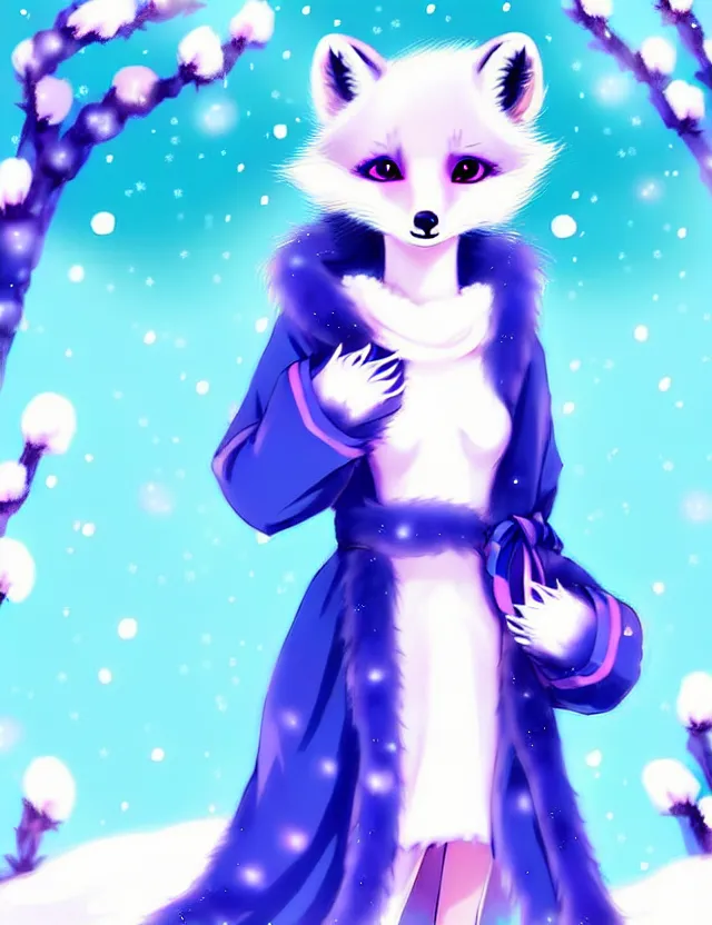 Image similar to a cute anthropomorphic arctic fox girl anthro wearing indigo ribbons and a fluffy robe, winter park background, very anime!!! kawaii!! furry!! intricate details, aesthetically complementary colors, scenic background, real life fursona photography. trending on artstation, top rated on pixiv and furaffinity