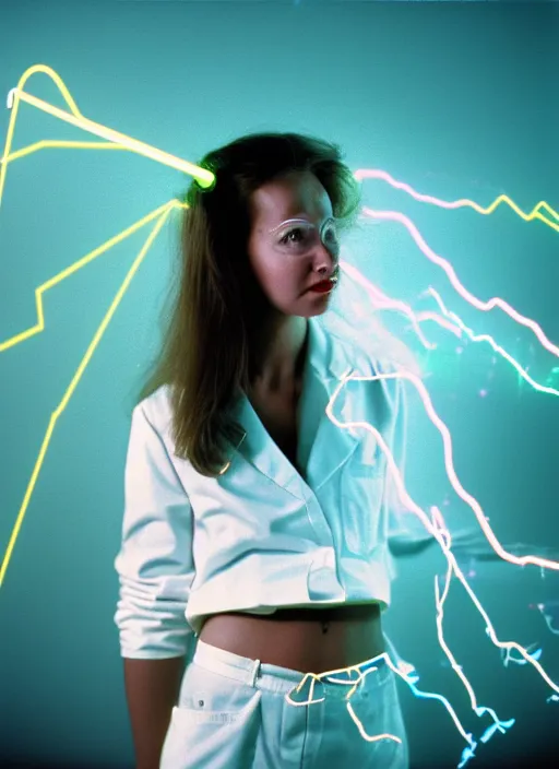 Image similar to realistic photo portrait of a a scientist girl dressed in white shorts, at glowing laser beams in a grey sky, covered with electricity, 1 9 9 0, life magazine photo, natural colors, museum collection, kodak