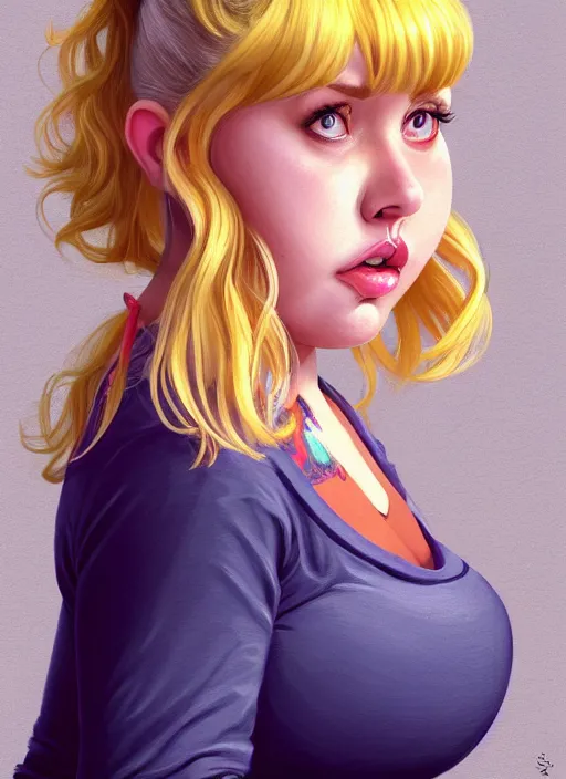 Image similar to full body teenage betty cooper, blonde hair, obese, bangs, ponytail, sultry, realistic, sultry smirk, ponytail, fluffy bangs, curly bangs, fat, belly, beautiful girl, intricate, elegant, highly detailed, digital painting, artstation, concept art, smooth, sharp focus, illustration, art by wlop, mars ravelo and greg rutkowski