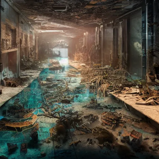 Image similar to An abandoned city center under water, horror, liminal, hyper detailed, dramatic lighting, CGsociety, realistic, fish, hyper detailed, insane details, intricate, dramatic lighting, hypermaximalist, golden ratio, rule of thirds, octane render, weta digital, micro details, ultra wide angle, Artstation trending, 8k,