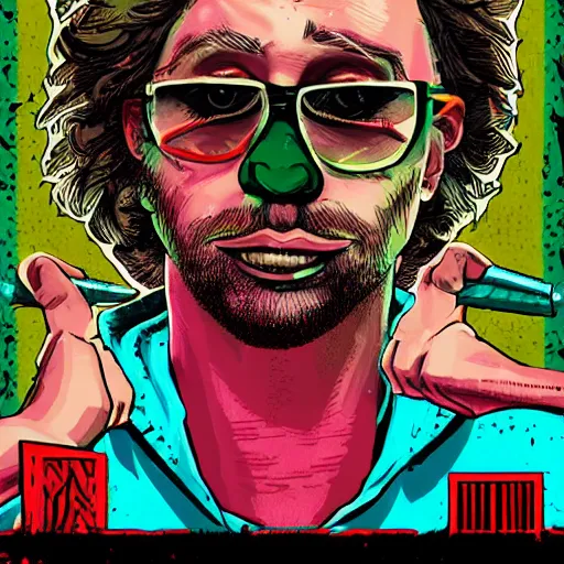 Image similar to sam hyde in hotline miami 2, game box art, high detail, high quality