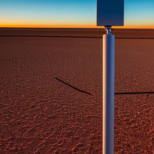 Prompt: rugged weather station sensor antenna for monitoring the australian desert, XF IQ4, 150MP, 50mm, F1.4, ISO 200, 1/160s, dawn