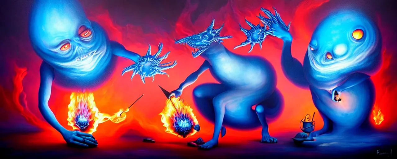 Prompt: whimsical blue fiery alchemical creatures, surreal dark uncanny painting by ronny khalil