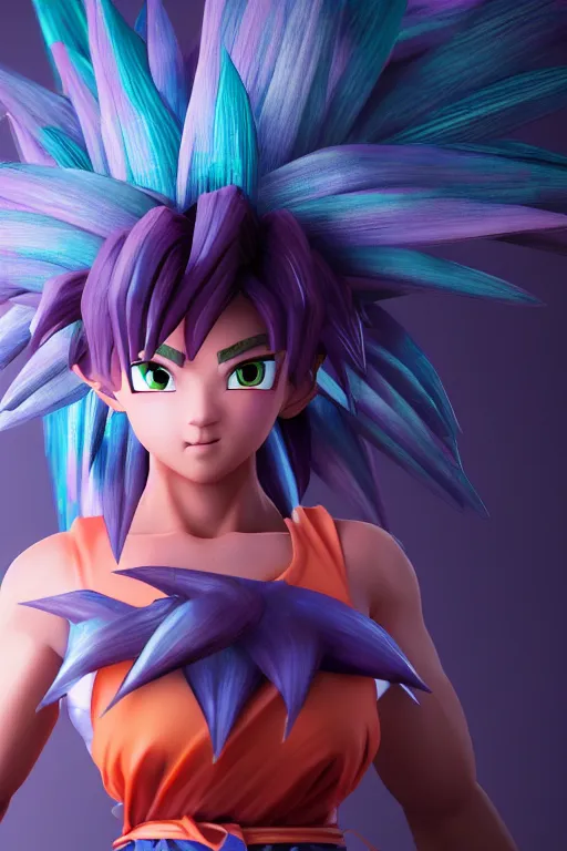 Image similar to high resolution 3d render of kawaii female goku, unreal engine 5, trending on artstation, volumetric lighting, subsurface scattering