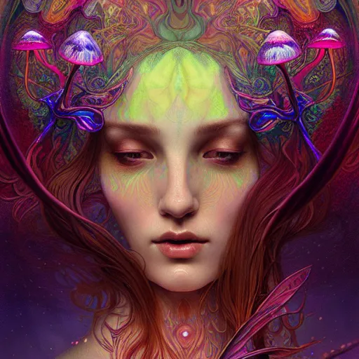 Image similar to An extremely psychedelic crystalline soul fairy, surreal, dramatic lighting, magic mushrooms, psilocybin, LSD, face, detailed, intricate, elegant, lithe, highly detailed, digital painting, artstation, concept art, smooth, sharp focus, illustration, art by Krenz Cushart and Artem Demura and alphonse mucha