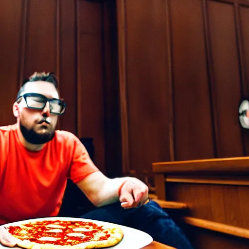 Image similar to gopro footage of a man made out of hotdogs eating a slice of pizza in a court room, iso 2 0 0, depth of field, cinematic, volumetric lighting