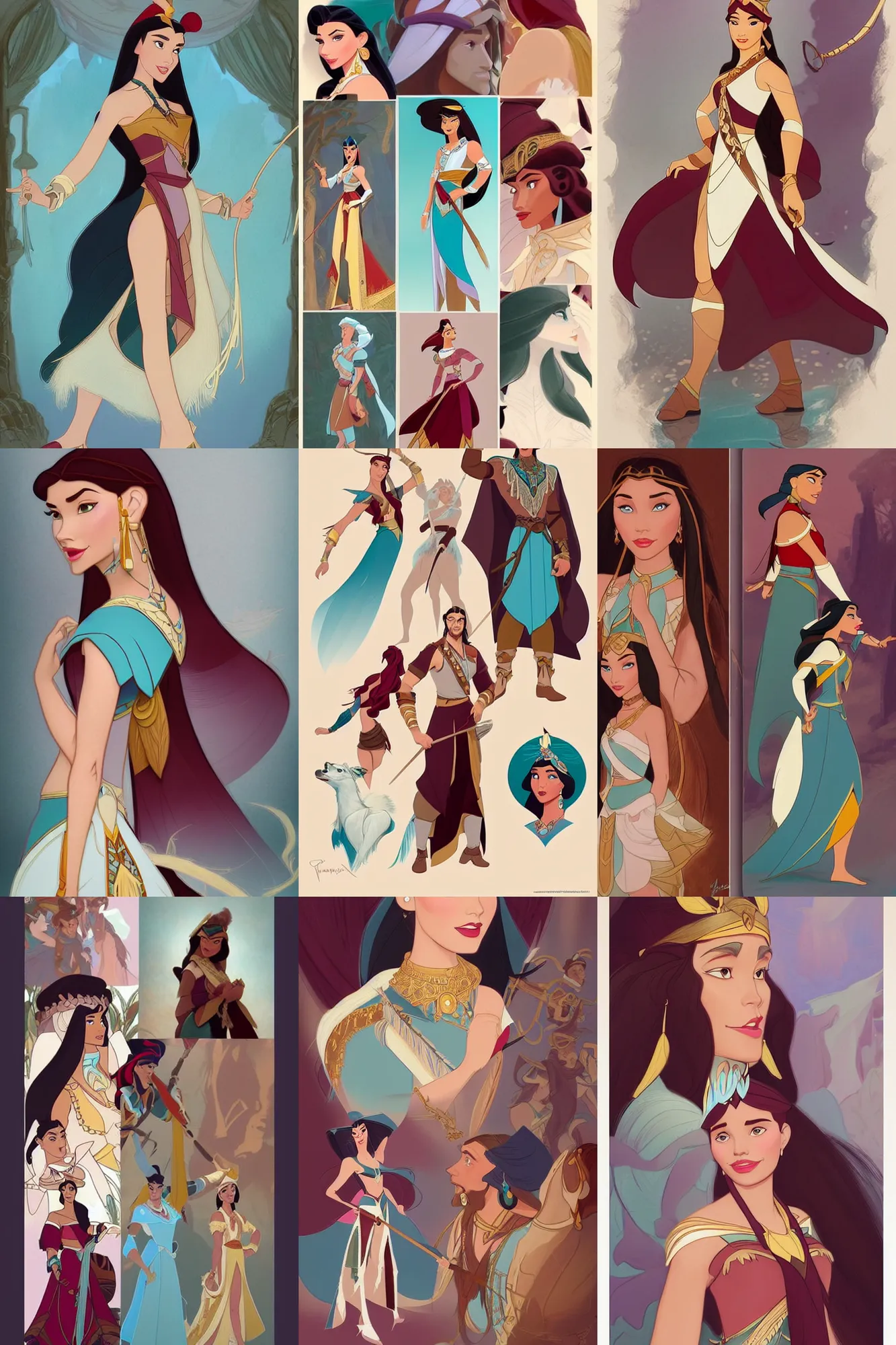 Prompt: fashion and character design spot illustrations from disney's pocahontas combined with hercules, white and burgundy and teal with gold lame accents, d & d, fantasy, intricate, elegant, highly detailed, digital painting, artstation, concept art, matte, sharp focus, illustration, hearthstone, art by artgerm and greg rutkowski and alphonse mucha