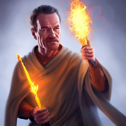 Prompt: Bryan Cranston wearing monk tunic holding a glowing fire magical staff. Trending on Artstation, octane render, ultra detailed, art by Ross tran