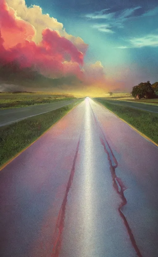 Image similar to paperback book cover. 1 9 8 0 s. pure colors, melting clouds, accurately drawn details, a sunburst above a receding road with the light reflected in furrows and ruts, after rain. photorealistic. octane render. cinematic. trending on artstation. textless.