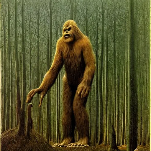 Image similar to bigfoot praying at a forest alter Zdzisław Beksiński