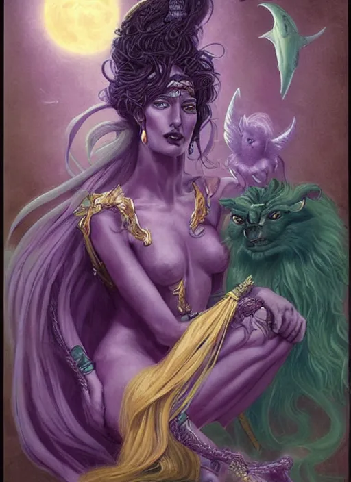 Image similar to portrait of princess of the dreamlands and moon beast, beautiful! coherent! by brom, muted colors, yellow purple green black