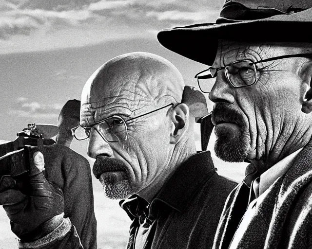 Prompt: extreme long shot of walter white wearing a black hat facing gustavo fring from a distance in a wheat field, insanely detailed, low angle, side view, perfect angle, 8 5 mm photograph, 8 k resolution, wide shot, sharp lens, cinematic