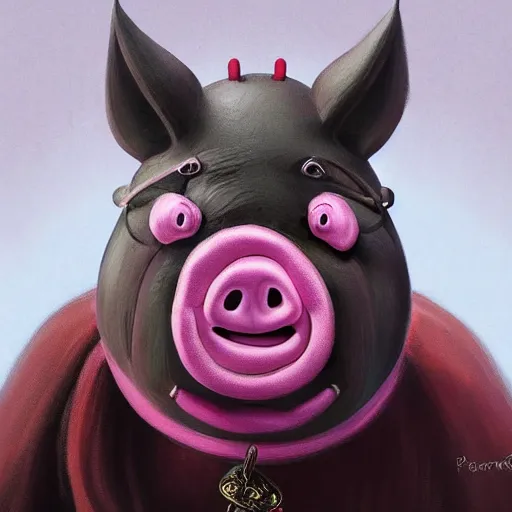 Image similar to dark fantasy character portrait of Peppa Pig, pig, animal, pig face, Peppa pig character, dramatic, unsettling, intricate, wild, highly detailed, digital painting, artstation, upper body, concept art, smooth, sharp focus, illustration, art by artgerm and greg rutkowski and alphonse mucha