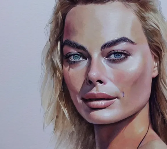 Prompt: A photorealistic portrait of margot robbie, watercolor art, detailed face, highly detailed, trending on artstation