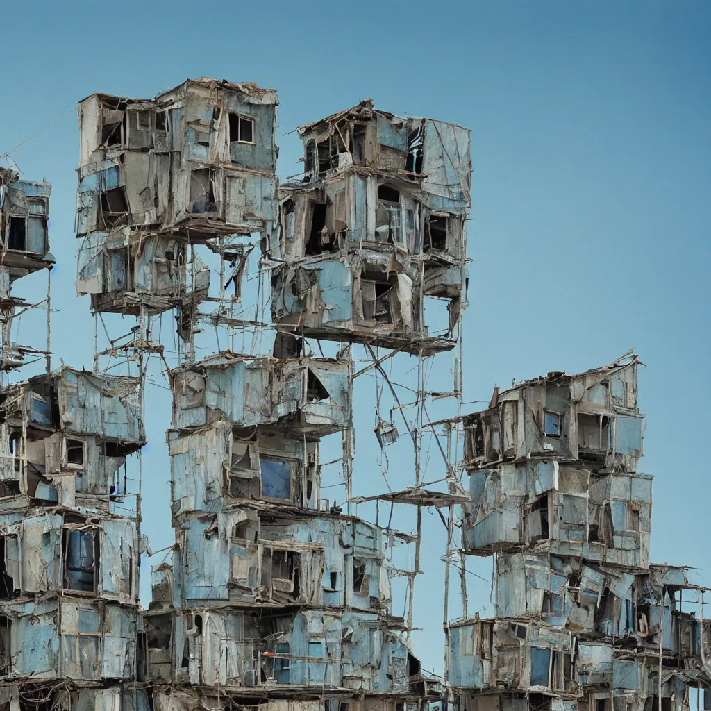 Prompt: close - up towers made up of makeshift squatter shacks with faded colours, plain uniform light blue sky, dystopia, mamiya, very detailed, ultra sharp, photographed by john chiara