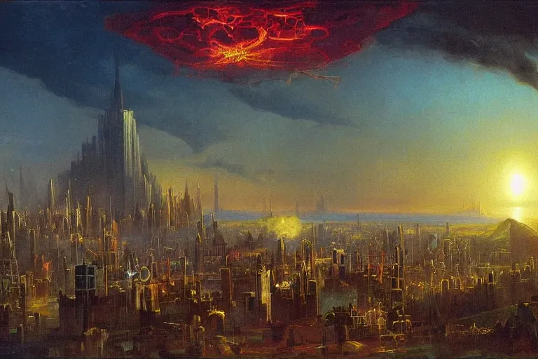 Image similar to miskatonic university big bang cityscape in the style of progressive rock, illuminati, painting by albert bierstadt