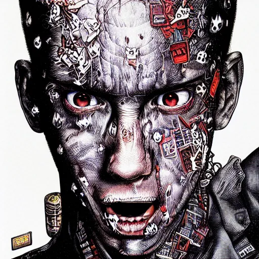 Image similar to portrait closeup of crazy eminem, symmetrical, by yoichi hatakenaka, masamune shirow, josan gonzales and dan mumford, ayami kojima, takato yamamoto, barclay shaw, karol bak, yukito kishiro