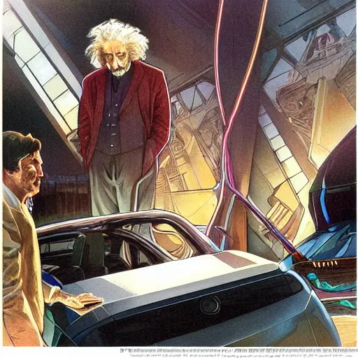 Image similar to Full colour render of albert einstein and nikola tesla looking at a tesla model 3. 4K award winning photorealistic concept art. smooth, sharp focus, illustration, cyberpunk, dystopian by artgerm and moebius and alphonse mucha.