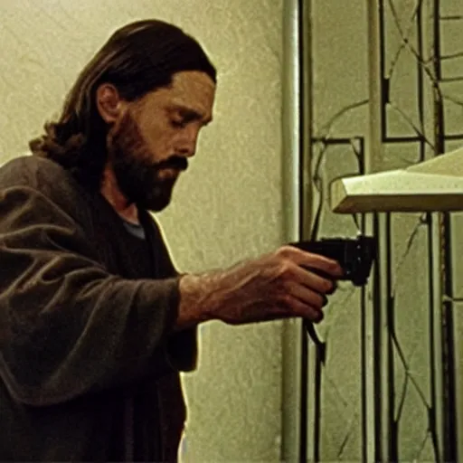 Prompt: jesus as a bank robber as in the movie heat, photograph