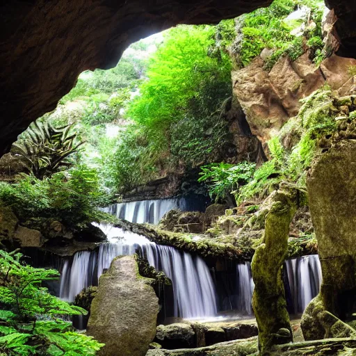 Image similar to ancient temple,plants and waterfalls in the interior of a cave