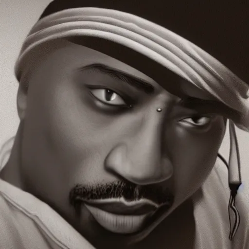 Image similar to amazing 3 d artwork of 2 pac. photo realistic, octane render, cinematic lighting.