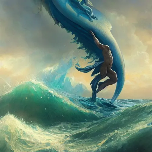 Prompt: vintage beautiful painting of mystical merman god of the sea rising up from the deep blue waves, oil painting by Greg Rutkowski and Charlie Bowater and Artgerm, unreal 5, DAZ, trending on artstation, dynamic lighting, misty, ocean, blue theme