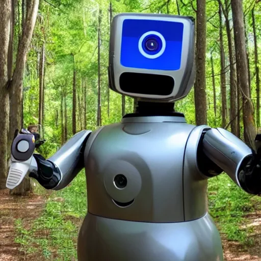 Image similar to A robot taking a selfie in the forest and grinning from ear to ear