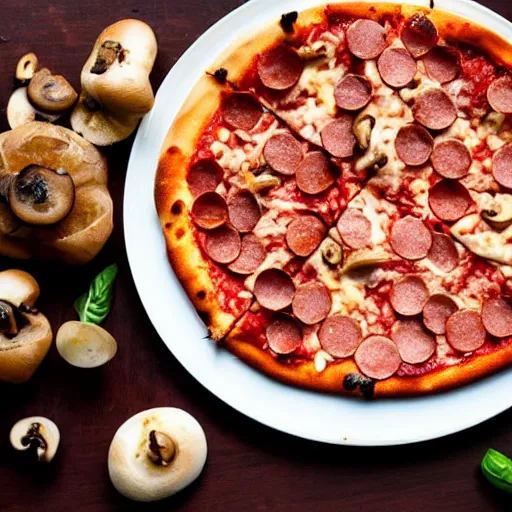 Prompt: A delicious plate of pizza, pepperoni, mushrooms, food photography, michilin star