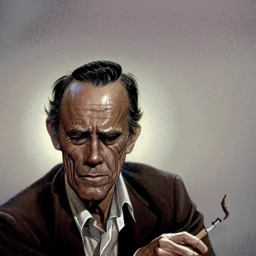 Image similar to a highly detailed epic cinematic concept art CG render digital painting artwork costume design: Henry Fonda as a 1950s tired disillusioned poet, barefoot, smoking a cigarette. volumetric lighting. By Greg Rutkowski, in the style of Francis Bacon and Syd Mead and Norman Rockwell and Beksinski, open ceiling, highly detailed hands and cigarette, painted by Francis Bacon and Edward Hopper, painted by James Gilleard, surrealism, airbrush, Ilya Kuvshinov, WLOP, Stanley Artgerm, very coherent, triadic color scheme, realistic facial expression, art by Takato Yamamoto and James Jean