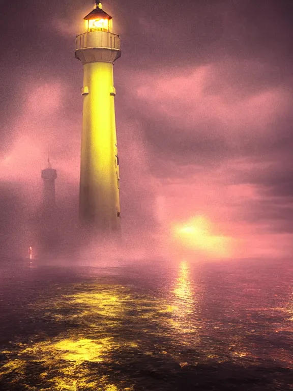 Image similar to photo of 8k ultra realistic lighthouse on island, heavy rain, ,lightning storm, boat lights in distance, night, light shining, heavy seas, full of colour, cinematic lighting, battered, trending on artstation, 4k, hyperrealistic, focused, extreme details,unreal engine 5, cinematic, masterpiece, art by studio ghibli