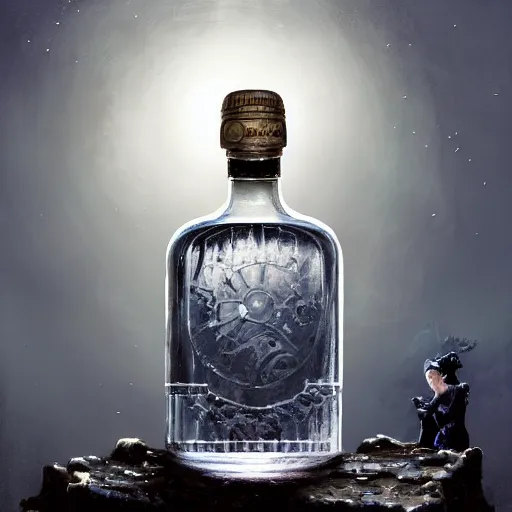 Prompt: A bottle of gin filled with tiny creatures, fullbody, artstation, fantasy, concept art, dark, moonlight, incredible, smooth, sharp focus, illustration, art by greg rutkowski and orientalism and bouguereau and Zdzislaw Beksinski, good clear quality, lighting, biology, symmetrical artwork, perfect face, 135 mm, cinematic, hyper realism, high detail, octane render, 8k, chrome accents