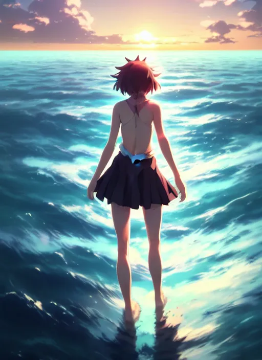 Image similar to anatomically correct anime girl walking on water, ripples, backdrop of dawn, saturn in the background, illustration, concept art, anime, key visual, trending pixiv fanbox by wlop and greg rutkowski and makoto shinkai and studio ghibli