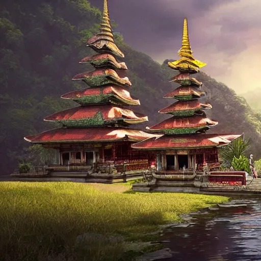 Image similar to A beautiful, perfect, impressive, amazing concept art digital CG painting of a balinese temple, trending on ArtStation, Unreal Engine