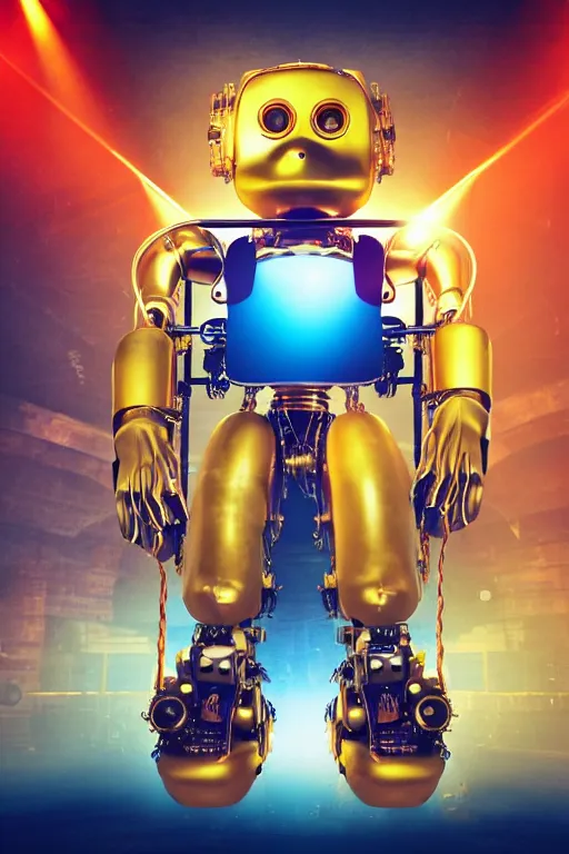 Image similar to portrait photo of a giant huge golden and blue metal humanoid steampunk robot singer with headphones and gears and tubes, in the foreground is a big red glowing microphone on a tripod, eyes are glowing red lightbulbs, shiny crisp finish, 3 d render, 8 k, insaneley detailed, fluorescent colors, background is multicolored lasershow