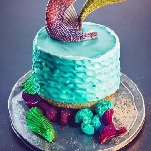 Image similar to mermaid cake, advertisement, food photography,