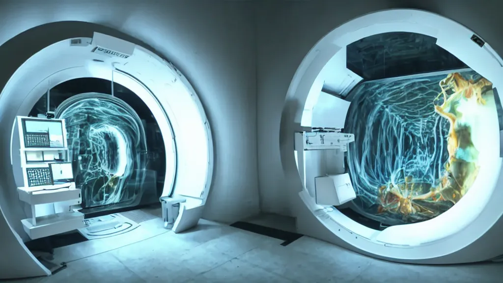 Prompt: an mri image open mri machine portal in the living room, film still from the movie directed by denis villeneuve with art direction by salvador dali, wide lens