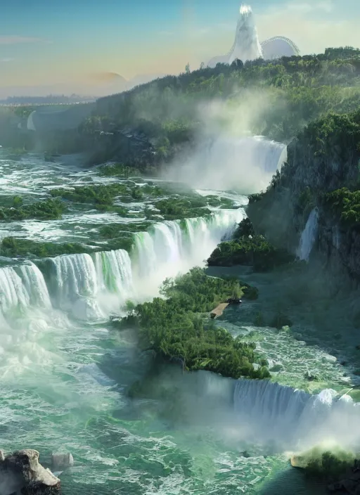 Image similar to cascade of gigantic niagara falls, epic mountains in the background, dawn, fantasy illustration, matte painting, concept art, volumetric lighting, volumetric atmosphere, morning mist, art by james gurney, unreal engine 5, 8 k