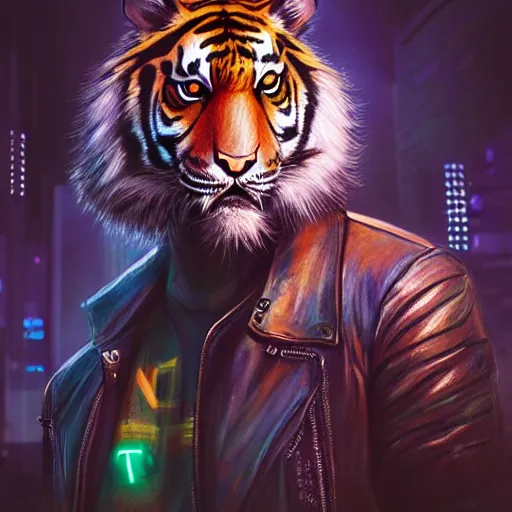 Image similar to a beautfiul award winning commission portrait of an anthro tiger in the neon cyberpunk city at night,wearing a leather jacket,glow effect,detailed face,photorealistic,character design by charles bowater,ross tran,deviantart,artstation,digital art,hyperdetailed,realistoc,western comic style,vfx,dramatic