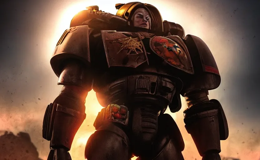 Prompt: gritty comic book cover, beautiful woman! space marine! standing atop rise, sunset lighting, war silhouette in background, hyper realism, realistic shading, cinematic composition, blender render, octane render, hdr, detailed textures, photorealistic, ultrawide shot, 1 6 mm lens