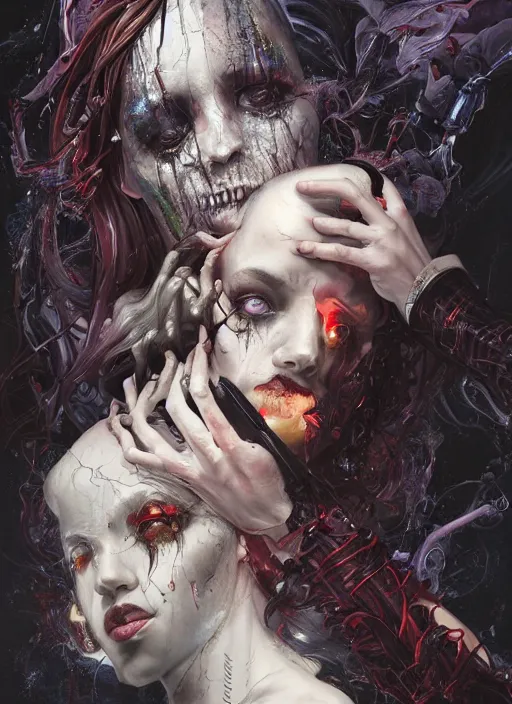 Prompt: a dream portrait of a gorgeous succubus stealing a soul, beautiful, terrifying, melting, webbing, 8 k, by tristan eaton, stanley artgerm, tom bagshaw, greg rutkowski, carne griffiths, ayami kojima, beksinski, giger, trending on deviantart, face enhance, hyper detailed, minimalist, horror, full colour