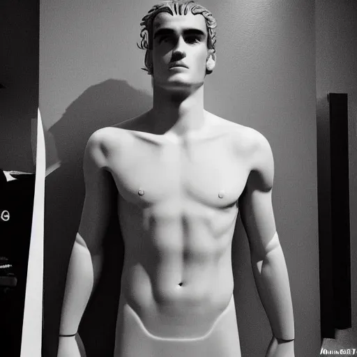 Image similar to “ a realistic detailed photo of a guy who is an attractive humanoid who is half robot and half humanoid, who is a male android, soccer player antoine griezmann, shiny skin, posing like a statue, blank stare, on the bed, on display ”