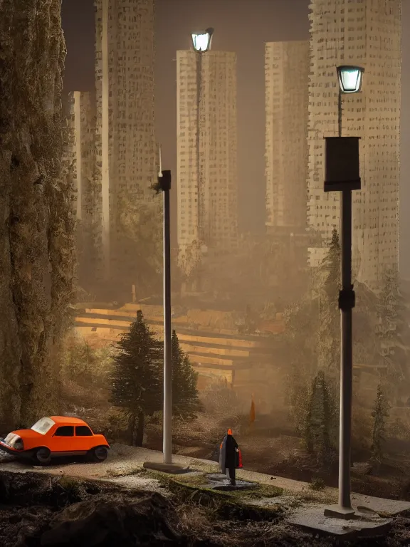 Prompt: detailed miniature diorama a soviet residential building, brutalism architecture, lights are on in the windows, car parking nearby, elderly man passing by, dark night, cozy and peaceful atmosphere, fog, cold winter, snowing, streetlamps with orange light, several birches nearby