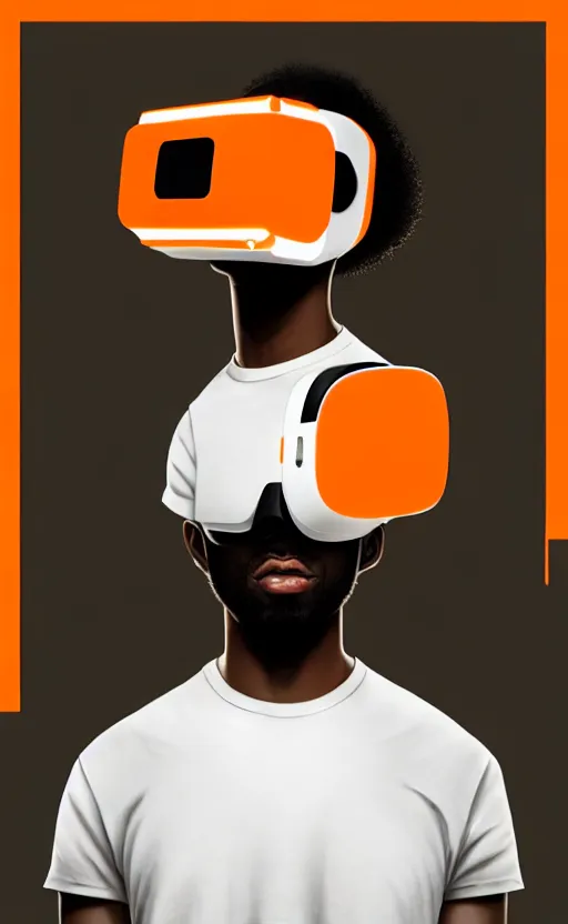 Image similar to handsome black genius hacking the metaverse, vr headset, white t - shirt and jordans floating, three dimensional holographs and translucent orange glow, highly detailed, digital painting, artstation, concept art, smooth, sharp focus, illustration, art by wlop, uang guangjian and gil elvgren and sachin teng and greg rutkowski