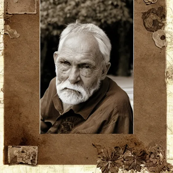 Prompt: portrait of an old man, sepia, scrapbooking, photo montage