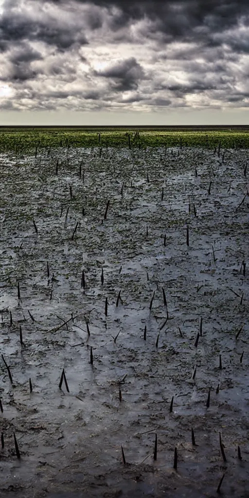 Prompt: thorns in the mud water drip photography sky realistic stormcloud with glimpses of flares