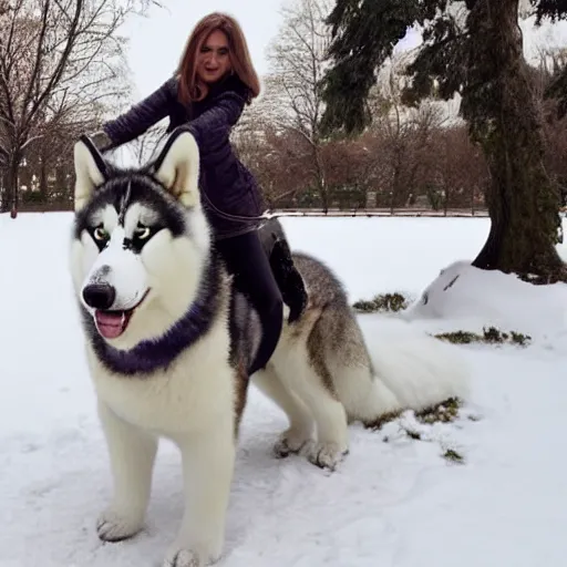 Image similar to girl riding on a giant husky in a snowy park, trending on art station